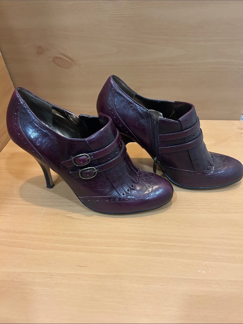 Enzo Angiolini Plum Leather Double-Buckle Ankle Booties